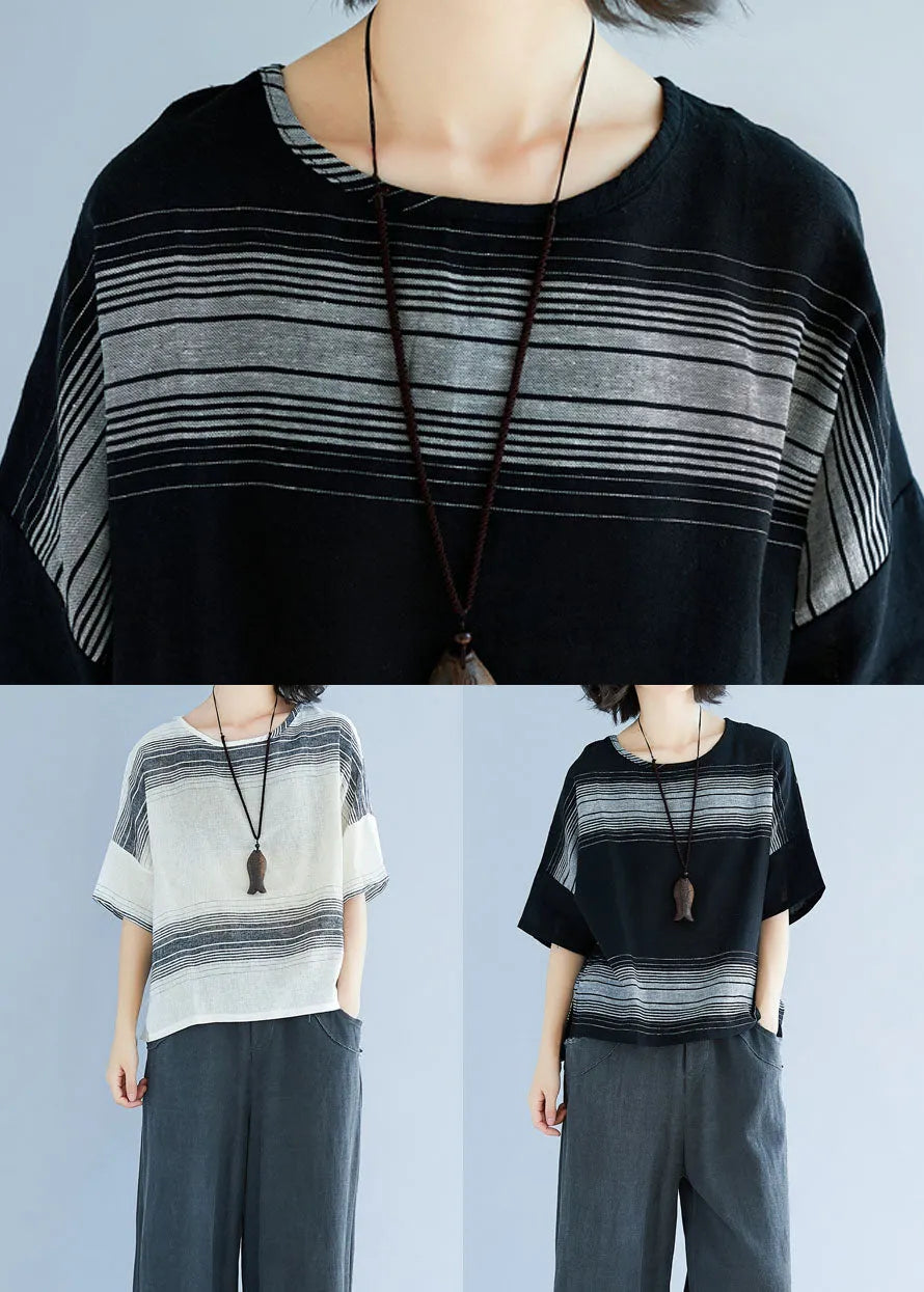 Black Oversized Striped Cotton Tanks Short Sleeve