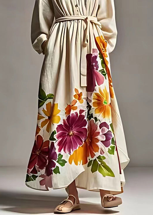 Beige Print Pockets Tie Waist Cotton Long Dresses Fall
