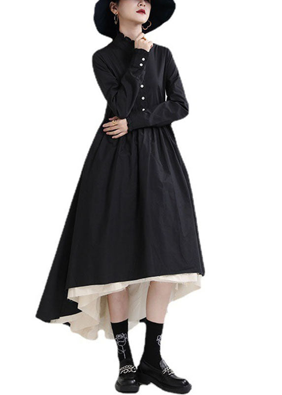 Black Button Patchwork Asymmetrical Design Fall Dresses Long Sleeve