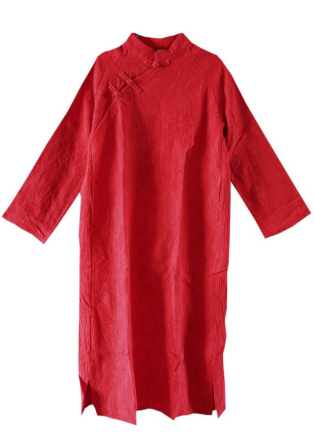 Red Stand Collar Jacquard Wrinkled Cotton Dress Cheongsam Spring