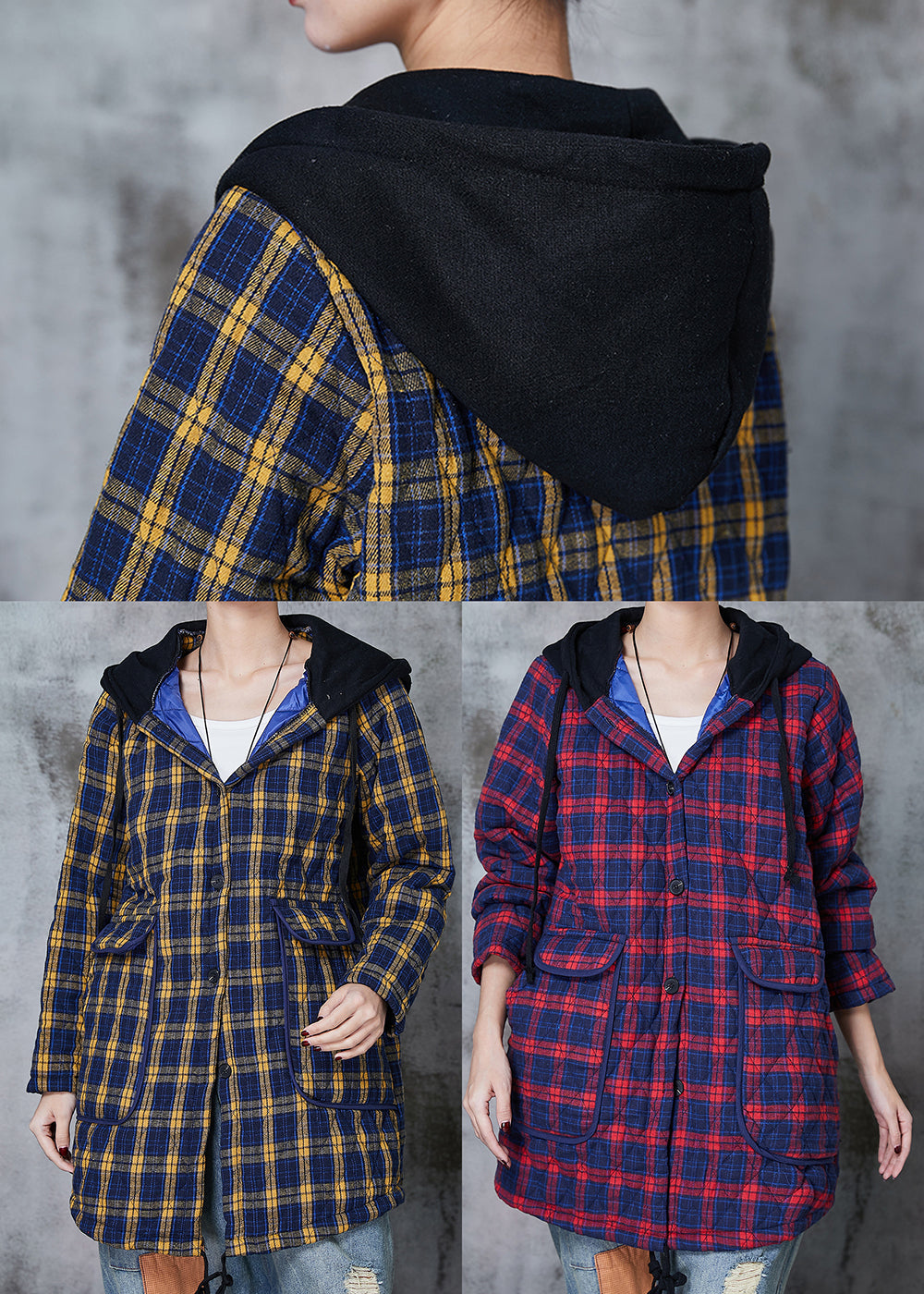 Yellow Hooded Plaid Fine Cotton Filled Coats Spring