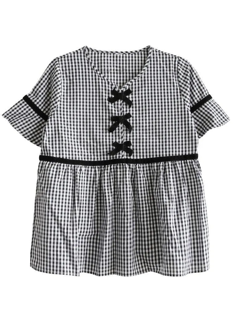 French Black White Plaid V Neck Summer Cotton Top Short Sleeve