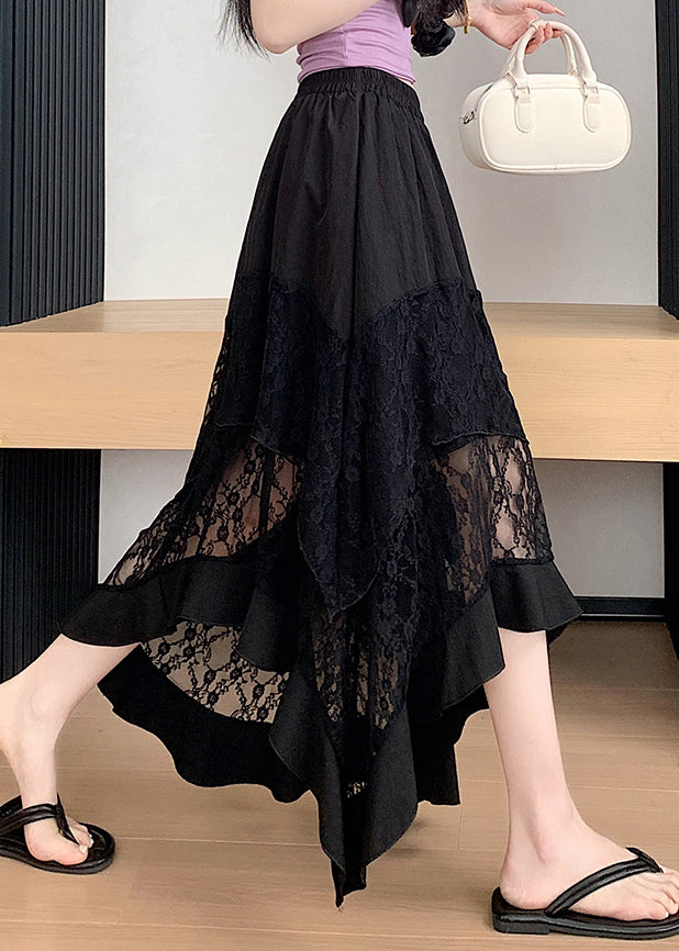 Black Asymmetrical Lace Patchwork Cotton Skirts