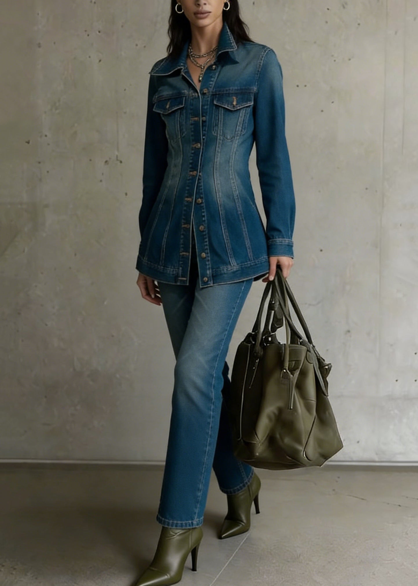 Natural Denim Blue Peter Pan Collar Button Coat and Flared Trousers Two Pieces Set Spring