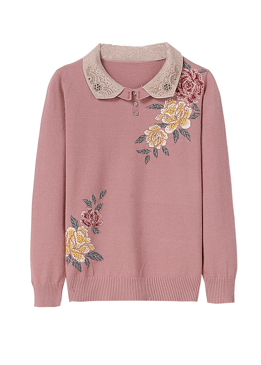 Boutique Pink Peter Pan Collar Zircon Knit Sweaters Spring