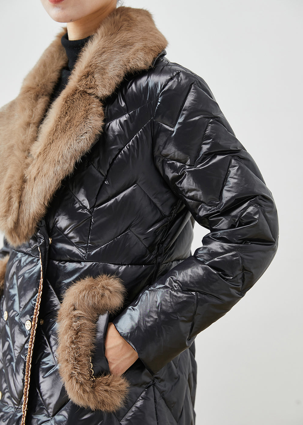 Black Fur Collar Patchwork Duck Down Puffers Jackets Winter