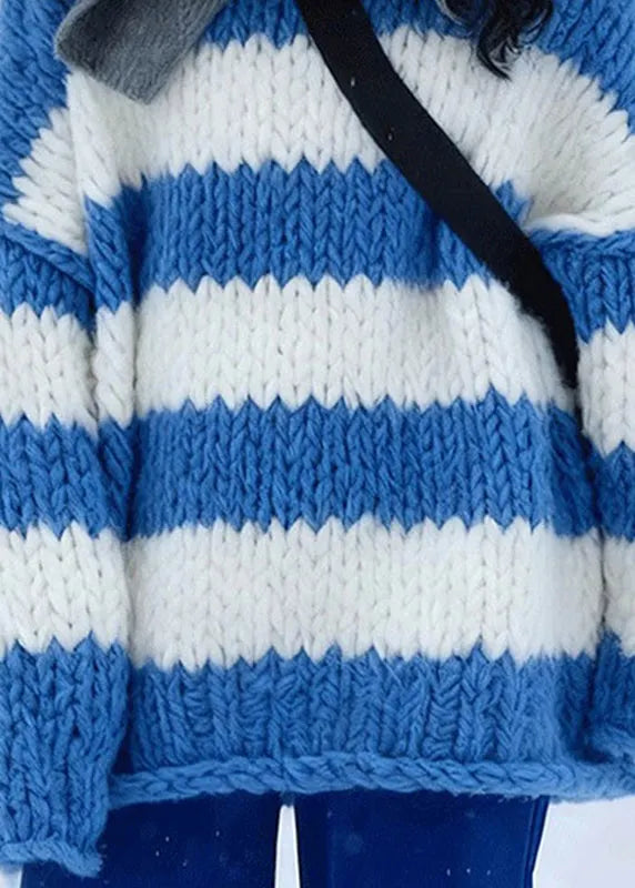 Style Blue O-neck Cozy Striped Cotton Knit Sweater Long Sleeve
