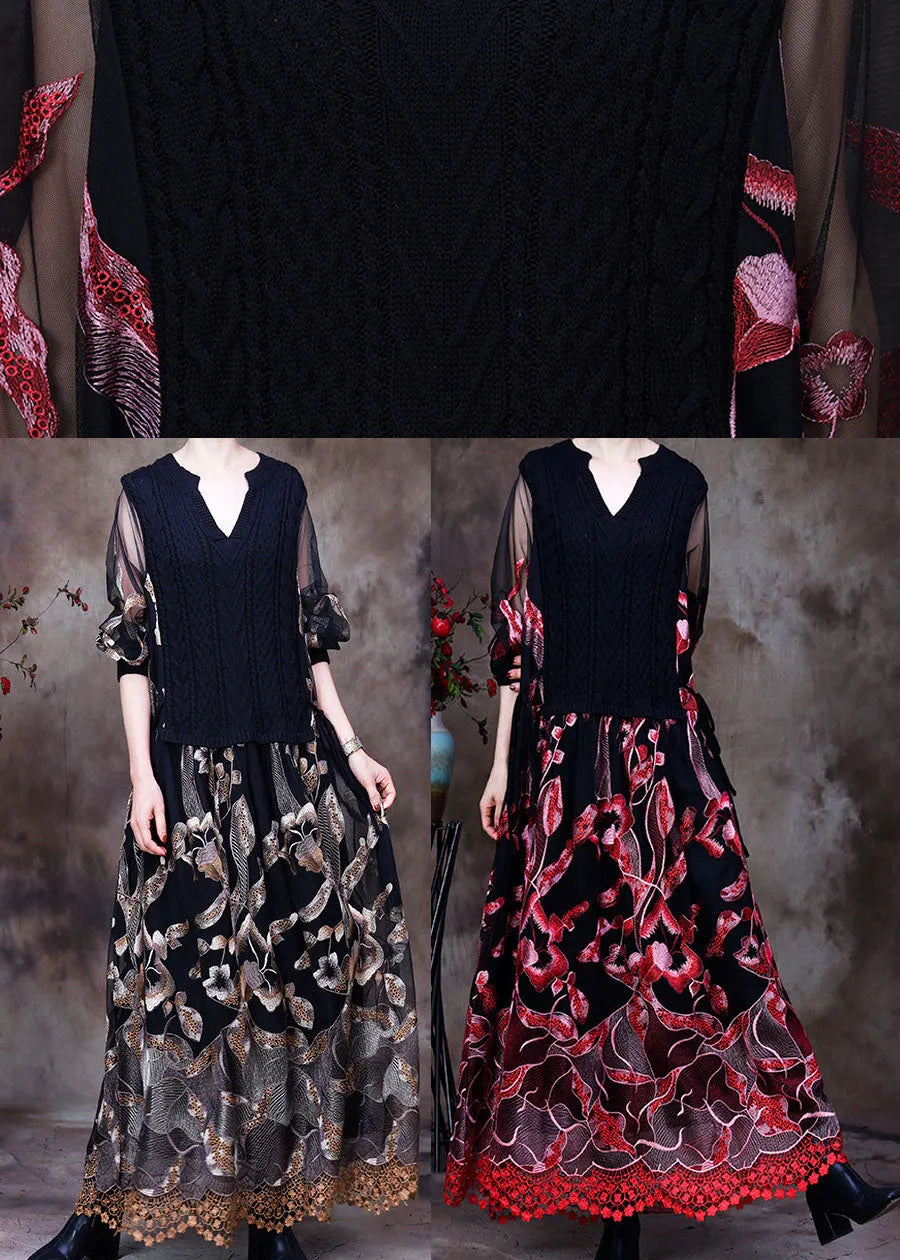 Red Lace Knit Dresses Embroideried Spring