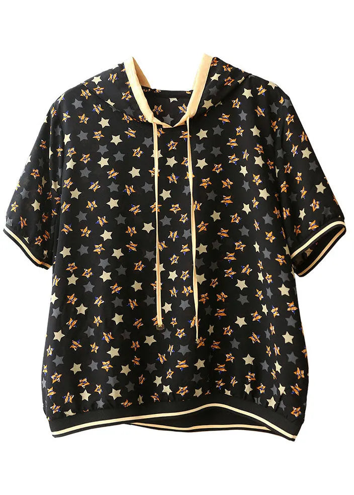 Black Drawstring Hooded Pentagram Print Silk Top Summer