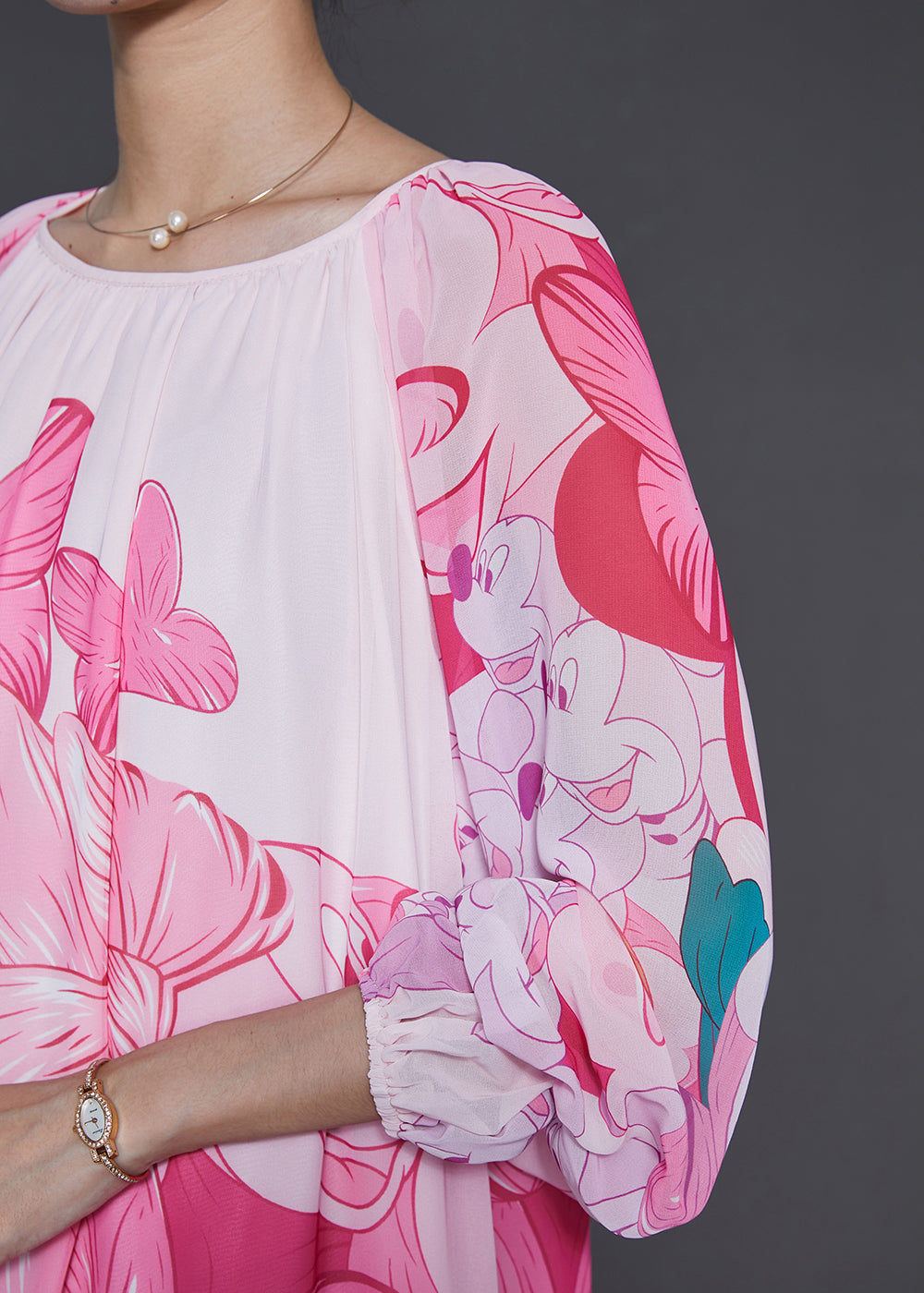 Pink Oversized Print Chiffon Long Dress Summer