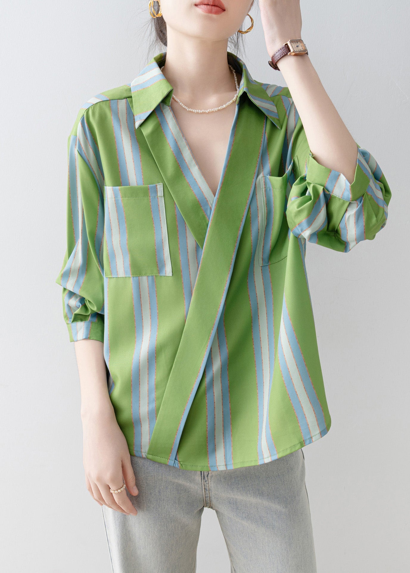 Green Peter Pan Collar Striped Cotton Shirt Top Half Sleeve