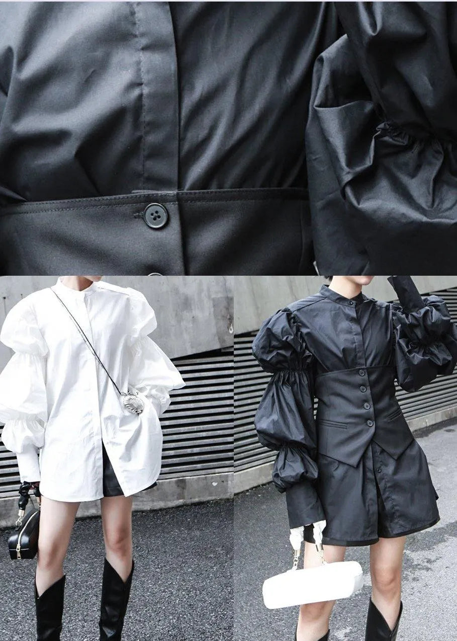 Fine Black Puff Sleeve Button Cotton Shirt