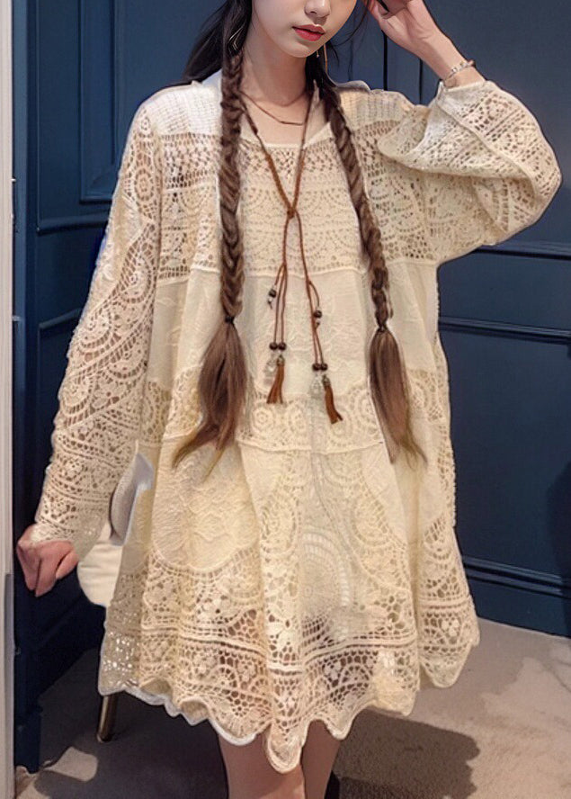 French Beige Hollow Out Lace Mid Dress Spring
