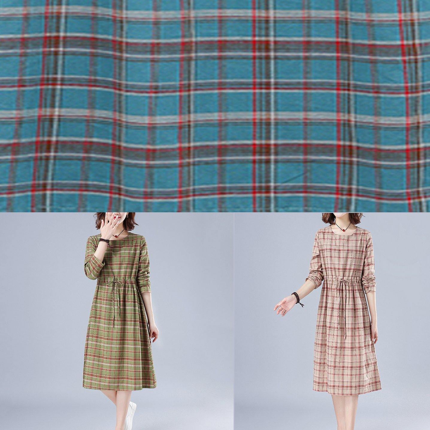 Unique O Neck Drawstring Spring Dress Runway Blue Plaid Dresses