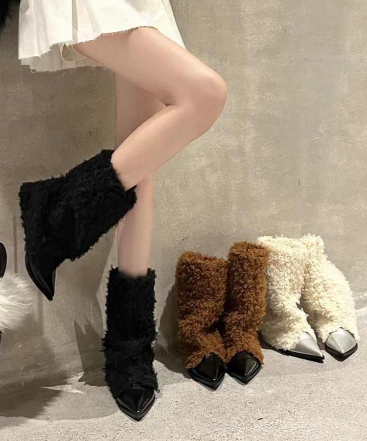 Beige Fuzzy Fur Splicing Heels Boots Pointed Toe