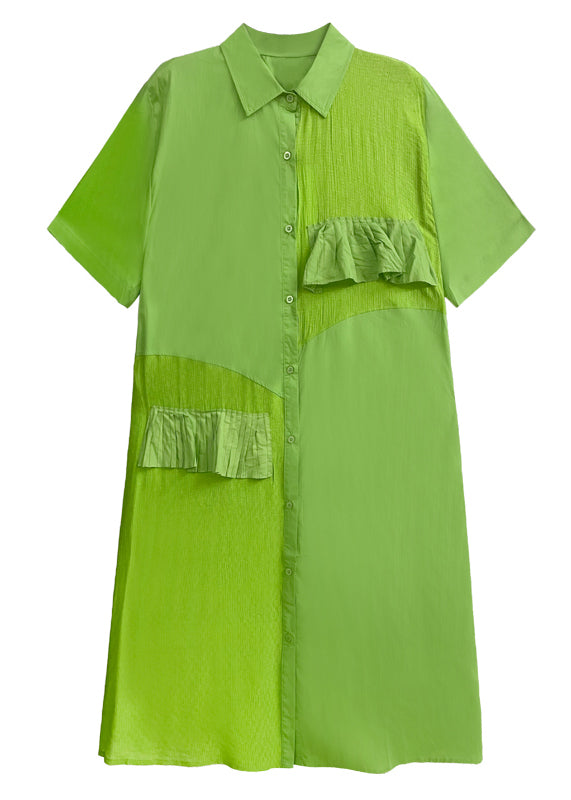 Grass Green Ruffled Button Patchwork Cotton Shirts Dress Summer