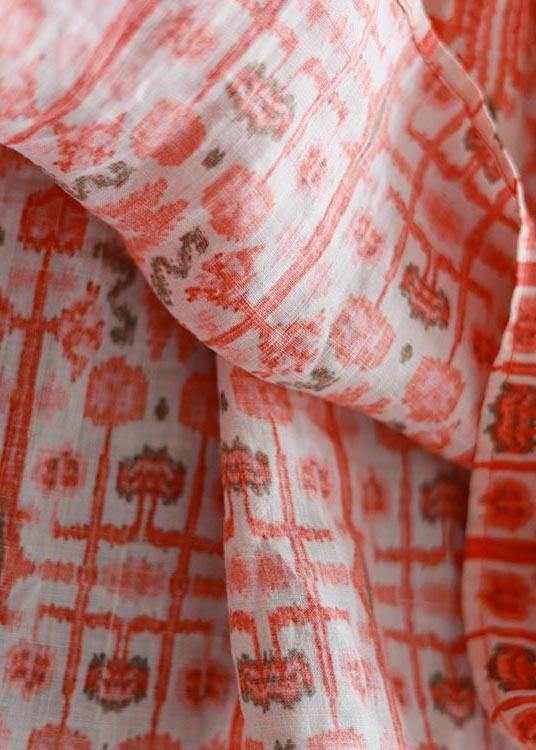 Orange Print Cinched Ruffled Summer Linen Dress
