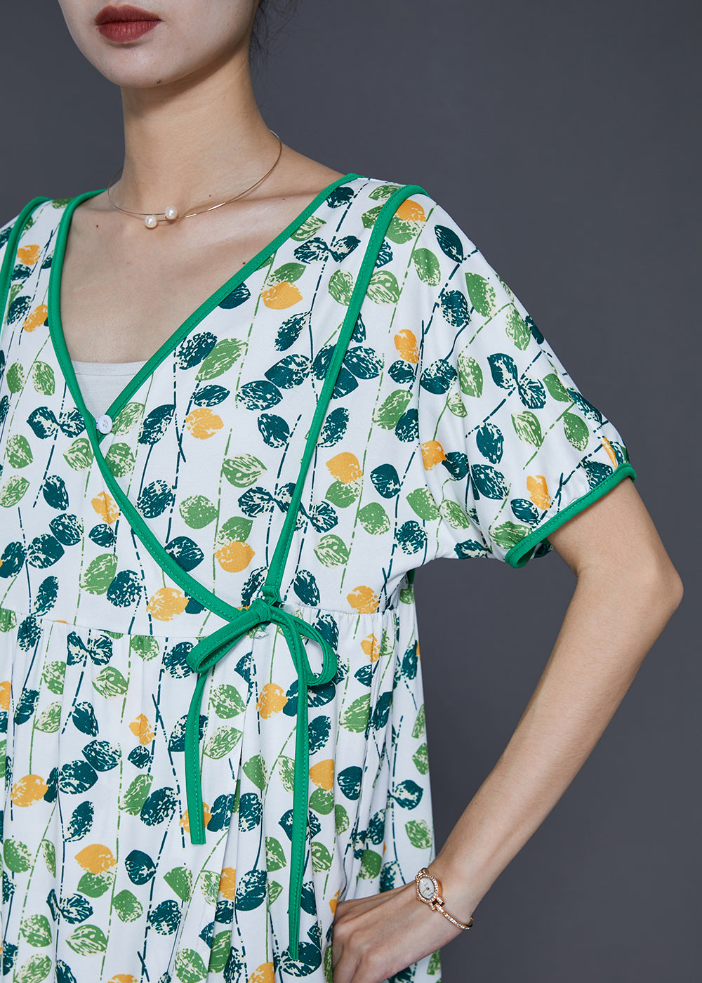 Green V Neck Print Cotton Dresses Summer