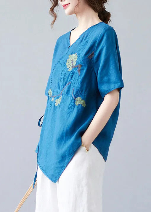 Blue Asymmetrical Shirt Tops Half Sleeve