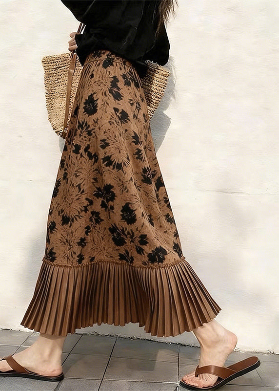 Coffee Print Pleated Patchwork Skirts Spring