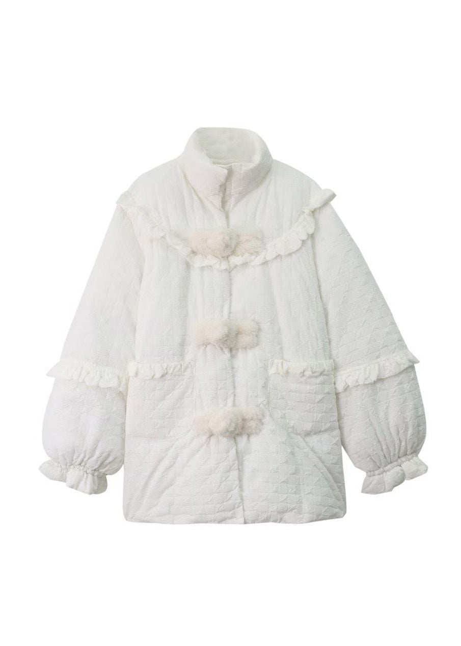 White Ruffled Pockets Patchwork Fine Cotton Filled Coats Winter