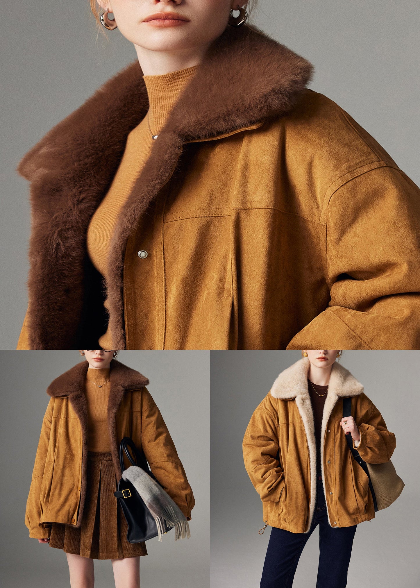 Chocolate Pockets Detachable Leather and Fur Winter Coats Peter Pan Collar