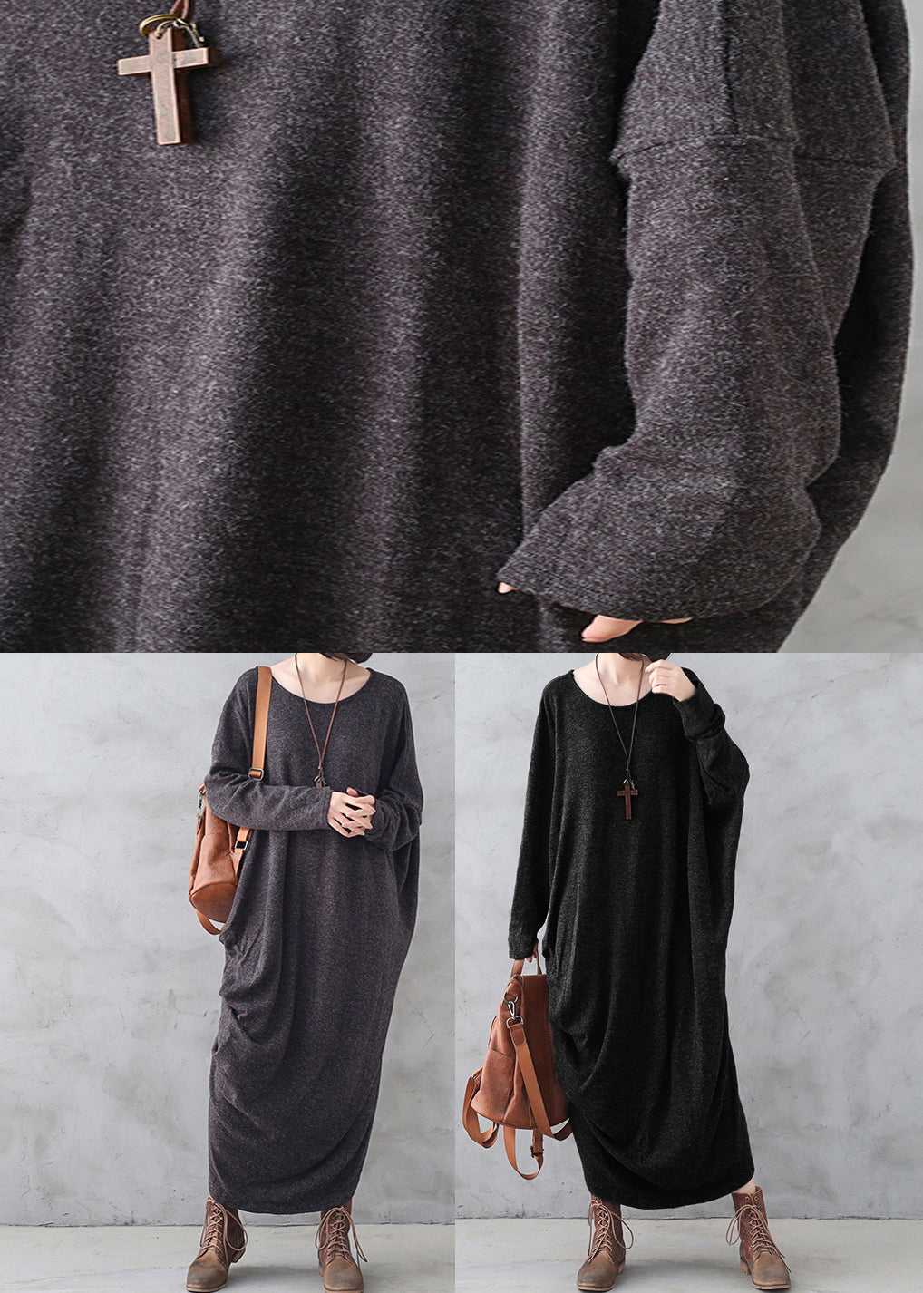 Dark Grey O-neck Asymmetrical Wool Knit Maxi Sweater Dress Fall