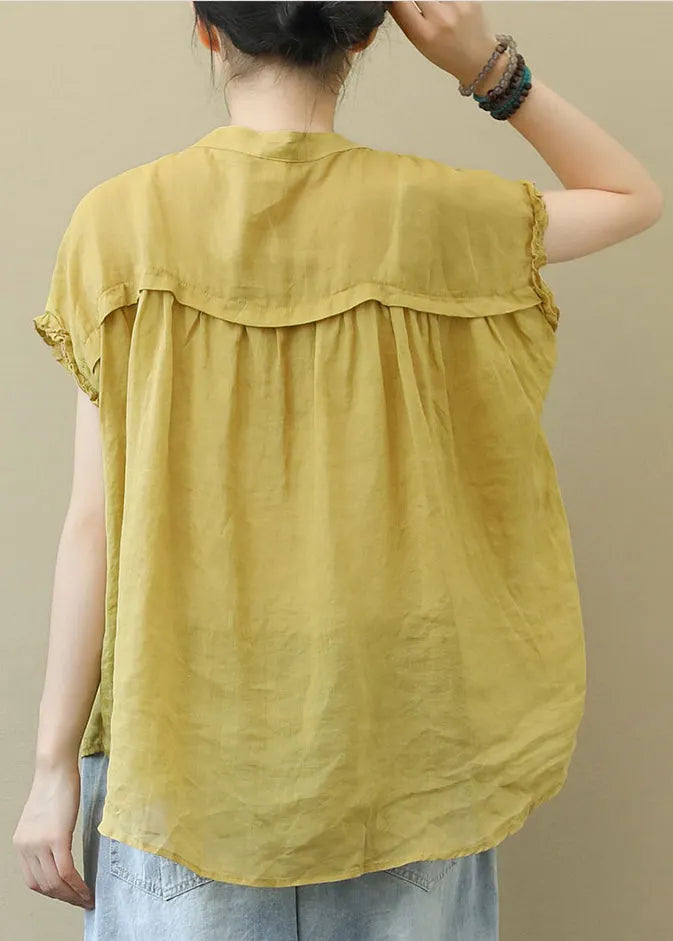 Modern Yellow Stand Collar Button Pockets Linen Blouse Top Short Sleeve