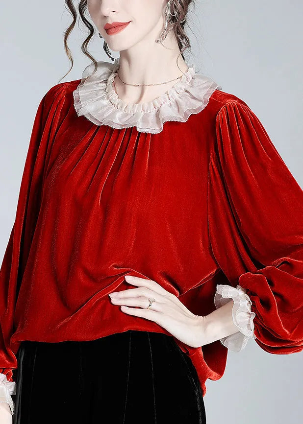 Loose Red Ruffled Patchwork Silk Velour Top Butterfly Sleeve