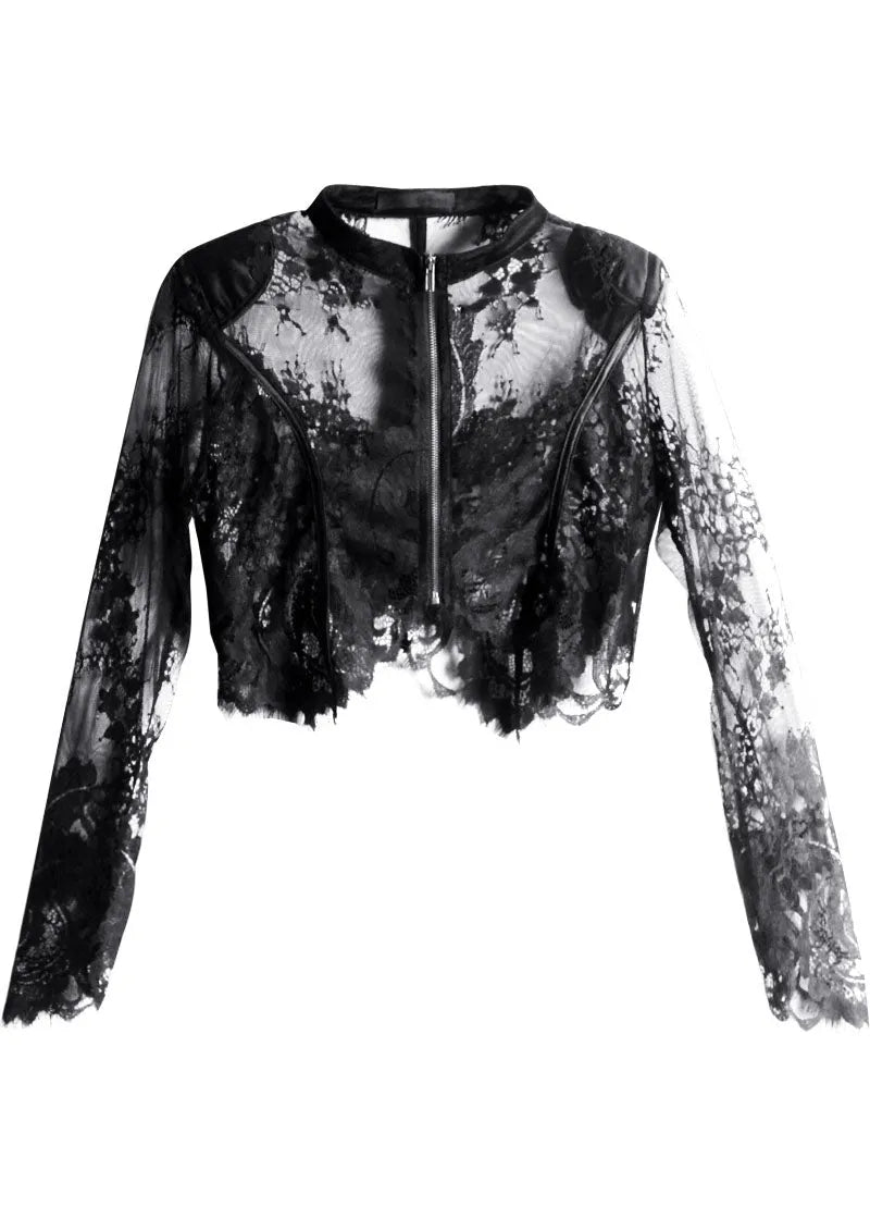 Black Zippered Tulle Summer Shirt Tops Long Sleeve