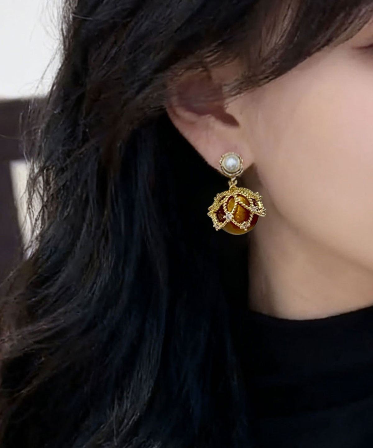 Amber Copper Overgild Zircon Pearl Drop Earrings