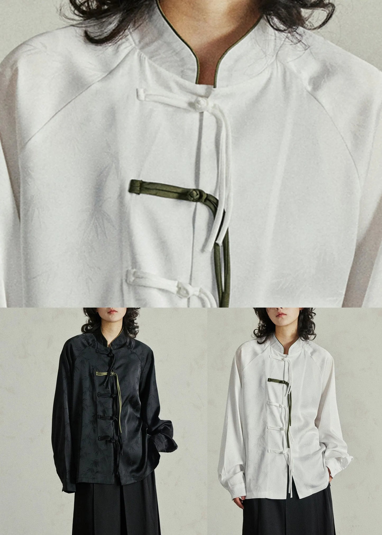 Black Button Stand Collar Top Lantern Sleeve