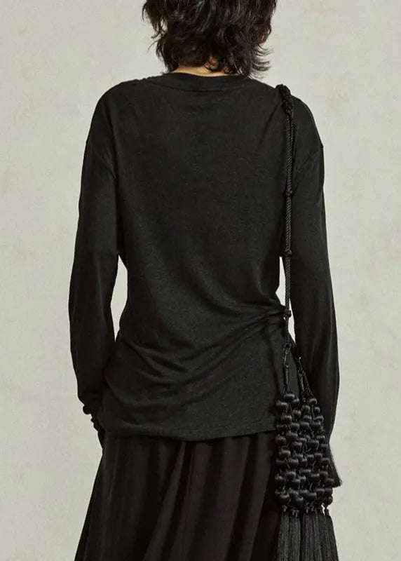 Black O-neck Tie Waist Tops Fall