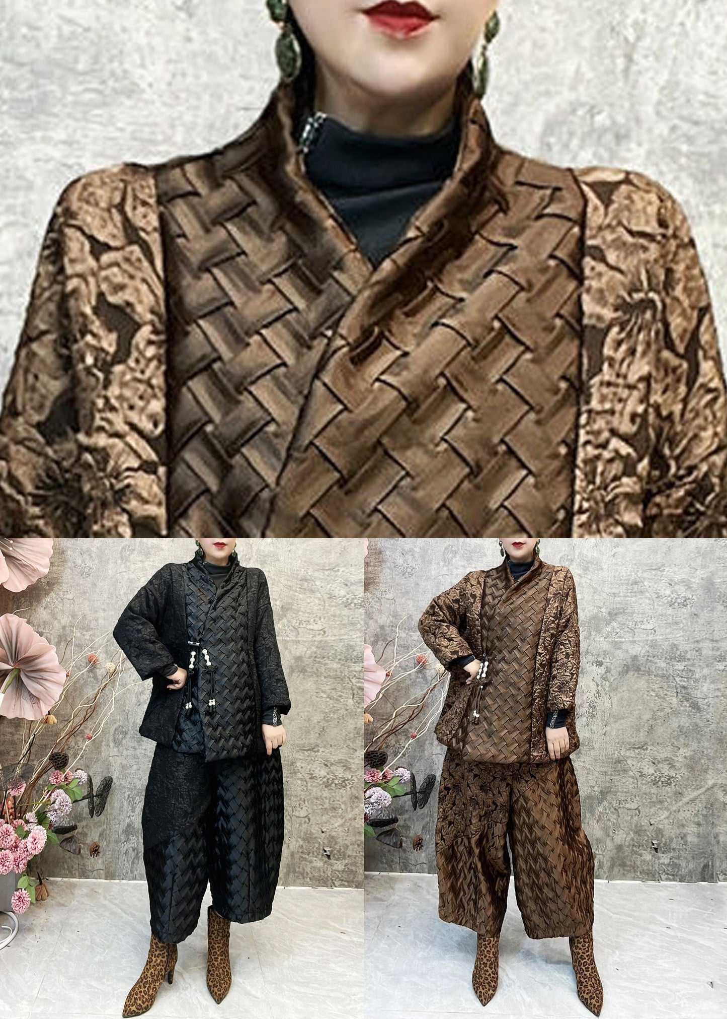 Jacquard Coffee Patchwork Coats and Lantern Pants Cotton Filled Two Pieces Set Spring