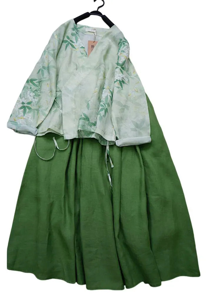 Green V Neck Print Lace Up Linen Two Pieces Set Summer