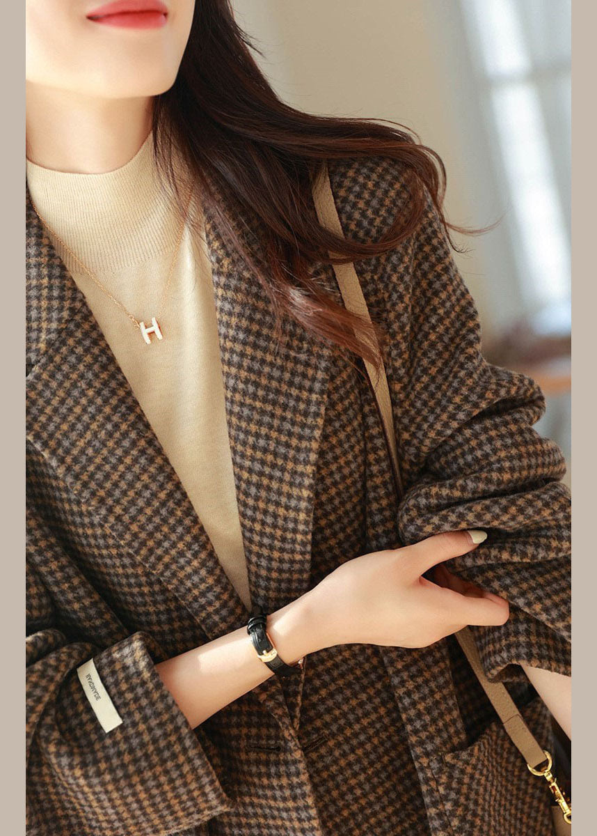 Plaid Notched Pockets Wooled Blend Coats Long Sleeve