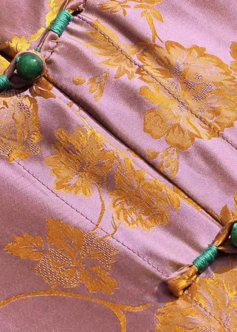 Diy Orange Stand Collar Jacquard Oriental Button Silk Shirt Tops Long Sleeve