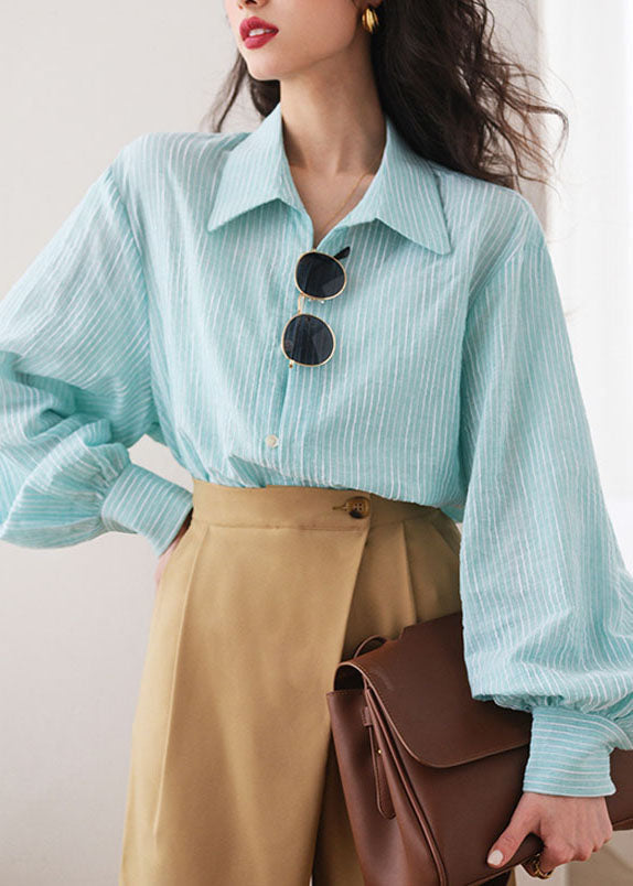 Blue Striped Peter Pan Collar Shirt Lantern Sleeve