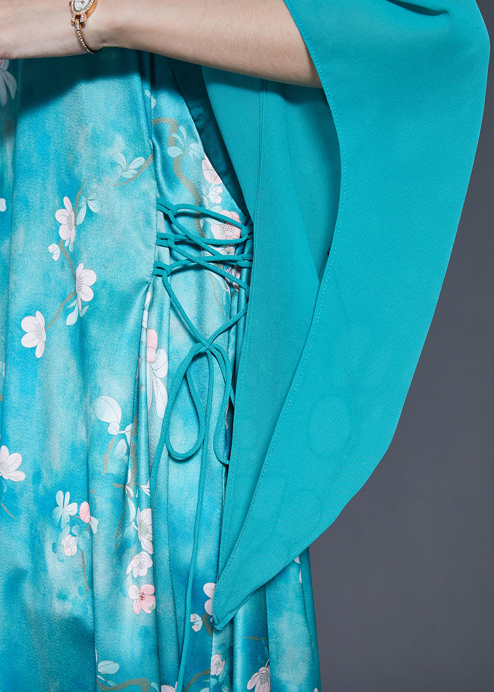 Blue Cinched Patchwork Silk Long Dresses Summer