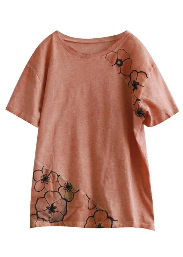Blue O-neck Patchwork Print Summer Cotton Tees Short Sleeve