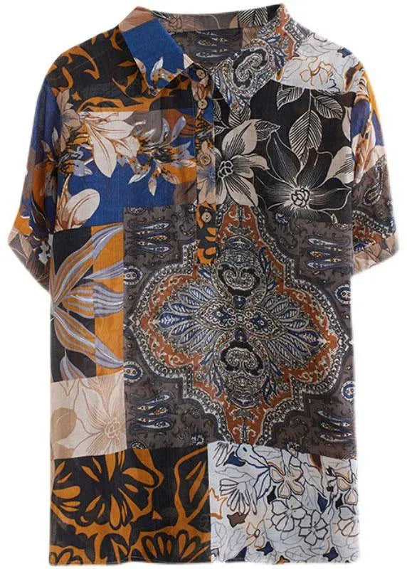 Print Peter Pan Collar Button Cotton Linen Top Summer