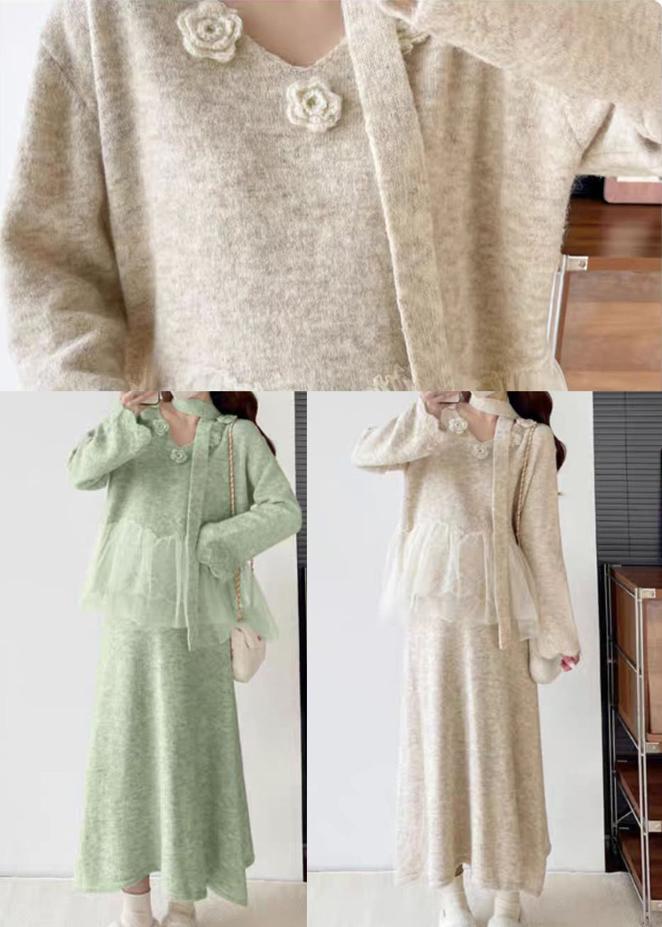 Beige Patchwork Knit Two Piece Set Clothing Winter