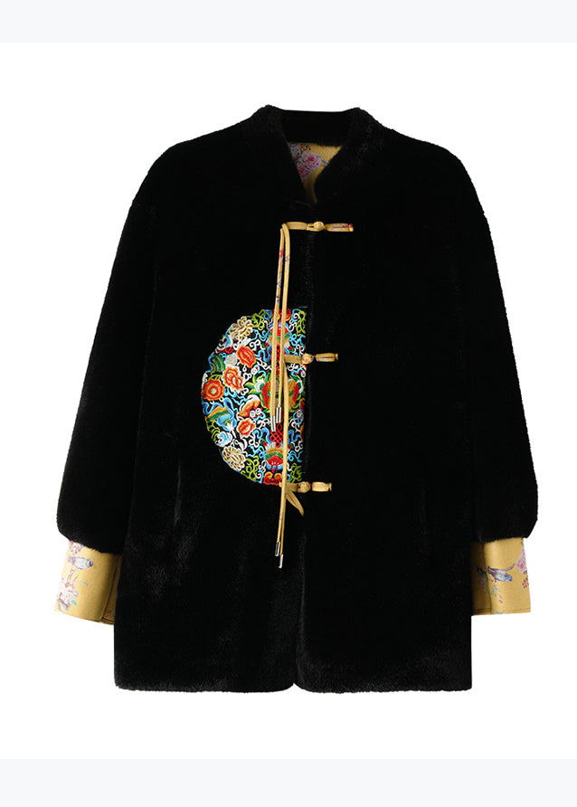 Chinese Style Black Tasseled Embroidered Leather and Fur Coats Spring