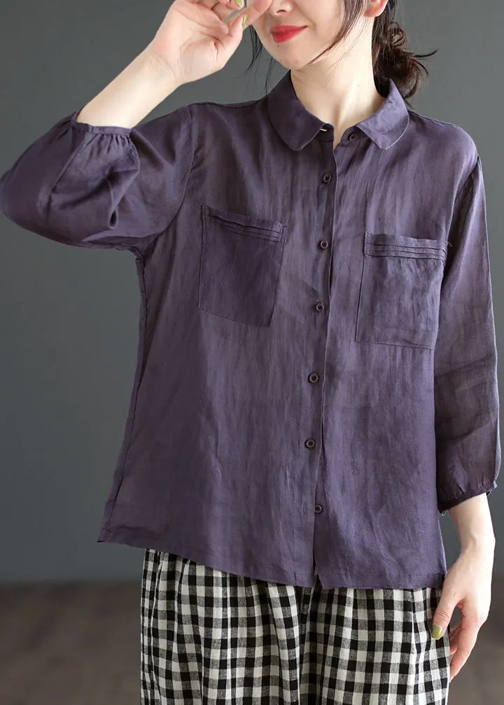Loose Purple Peter Pan Collar Patchwork Button Ramie Shirt Long Sleeve