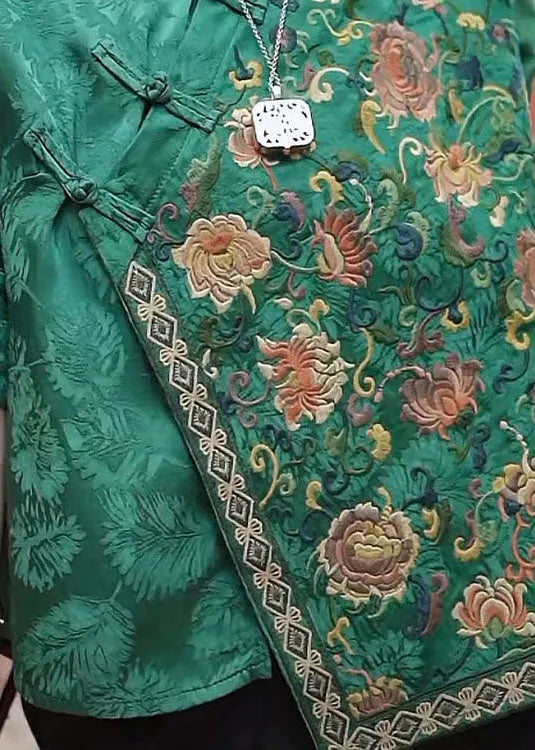 Green Mandarin Collar Asymmetrical Embroideried Silk Shirts Half Sleeve