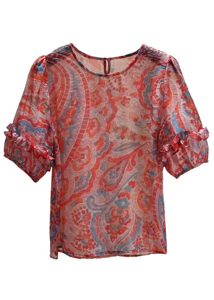 Classy Red O-neck Ruffled Print Chiffon Shirt Top Short Sleeve