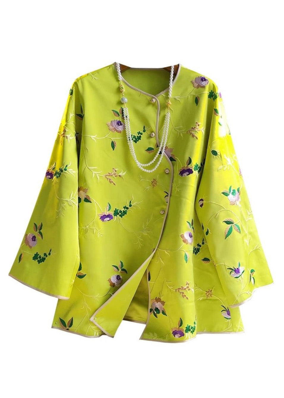 New Yellow Print Button Silk Top Long Sleeve