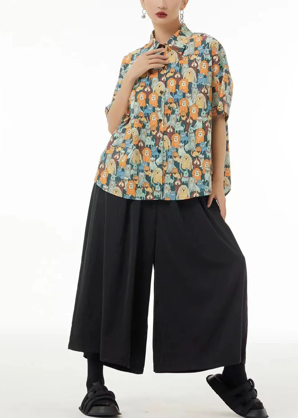 Khaki Peter Pan Collar Animal Print Cotton Blouses Summer