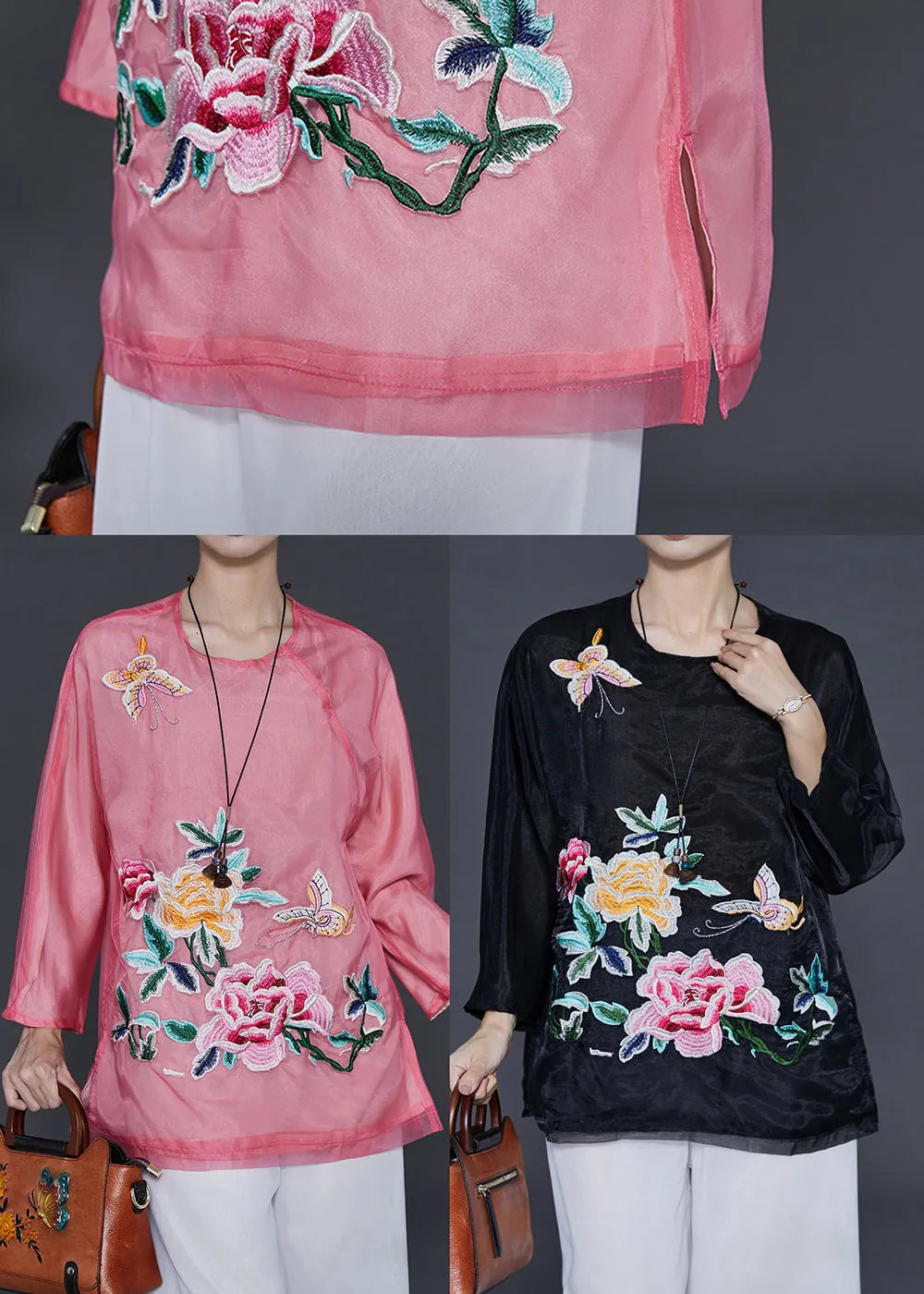 Black Organza Shirt Tops Embroidered Butterfly Summer
