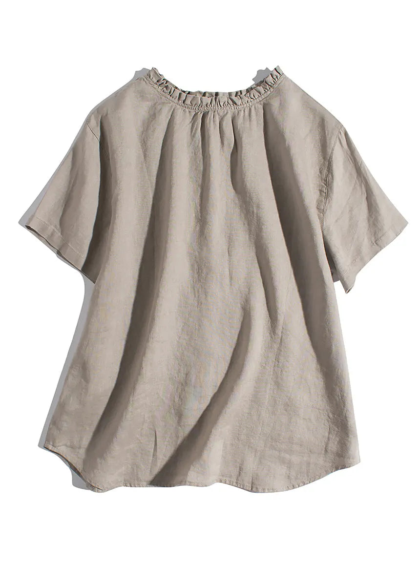 Simple Pink Ruffled Wear on Both Sides Linen Blouses Summer